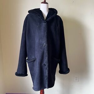 Jones New York Faux Shearling Hooded Coat Black Size XL Oversized Winter Coat